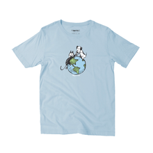  Our much-loved "Saving the World One Kitty at a Time" tee  is back and available in a ice blue short sleeve tee. This sweet short sleeve tee features an image of Earl standing atop the Earth, pulling Mooch up with him. 