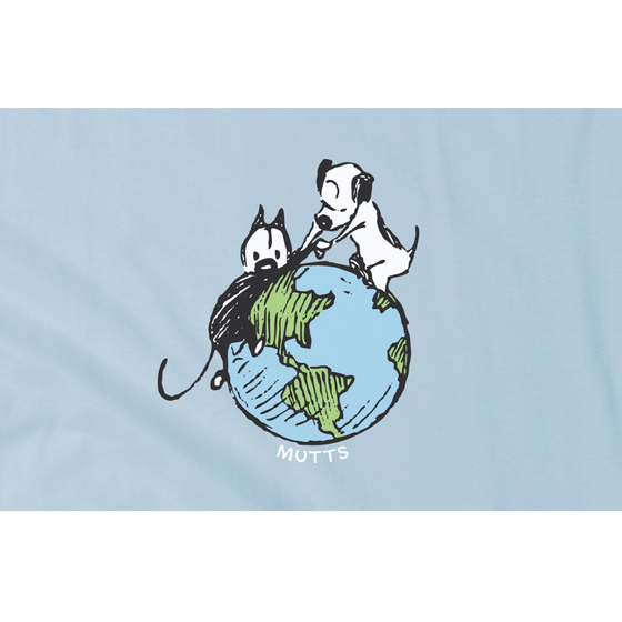 Our much-loved "Saving the World One Kitty at a Time" tee  is back and available in a ice blue short sleeve tee. This sweet short sleeve tee features an image of Earl standing atop the Earth, pulling Mooch up with him. 