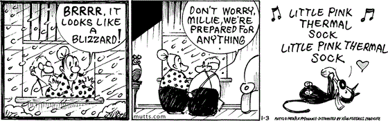 January 3 2025, Daily Comic Strip: In this MUTTS strip Millie looks out the window and says, "Brrr, it looks like a blizzard!" Frank says, "Don't worry, Millie, we're prepared for anything." Mooch is happily playing singing, "Little pink thermal sock, little pink thermal sock."