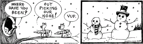 January 17 2025, Daily Comic Strip: In this MUTTS strip, a squirrel asks Bip and Bop, "Where have you been?" The pair are carrying carrots they've taken from snowmen and respond, "Out picking our nose!" 