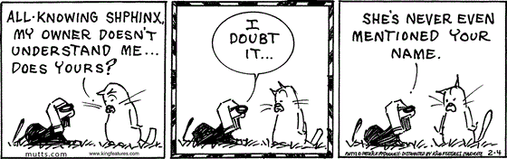 February 4 2025, Daily Comic Strip: In this MUTTS comic, Sourpuss asks, "All-Knowing Shphinx, my owner doesn't understand me... does yours?" He responds, "I doubt it... She's never even mentioned your name."