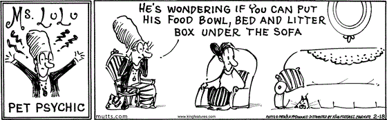 February 18 2025, Daily Comic Strip: In this MUTTS comic, Ms. Lulu the pet psychic tells Sourpuss' owner that, "He's wondering if you can put his food bowl, bed, and litter box under the sofa."