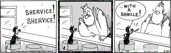 February 24 2025, Daily Comic Strip: In this MUTTS comic, Mooch sits at the deli counter and demands, "Shervice! Shervice!" When Butchie arrives annoyed, Mooch points and adds, "... With a shmile!"