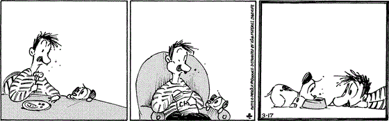 March 17 2025, Daily Comic Strip: In this MUTTS strip, Earl watches closely as Ozzie eats at the table and later eating a bag of chips. In a turn of events, when Earl eats out of his bowl, Ozzie watches him intently. 