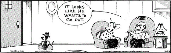 March 24 2025, Daily Comic Strip: In this MUTTS comic, Mooch has his bags packed and travel hat on. Frank tells Millie, "It looks like he wants to go out."