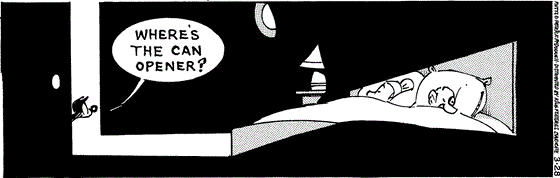March 28 2025, Daily Comic Strip: In this MUTTS comic, Mooch opens the bedroom door waking Frank and asks, "Where's the can opener?"