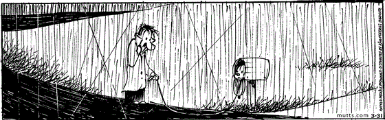 March 31 2025, Daily Comic Strip: In this MUTTS strip, Ozzie stand in the pouring rain holding Earl's leash while Earl hides in a mailbox.