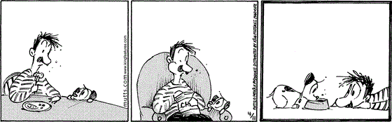April 11 2024, Daily Comic Strip: In this MUTTS strip, Earl watches longingly as Ozzie eats dinner at the table, then again as he eats chips in his chair. Ozzie then watches longingly while Earl eats food out of his bowl.
