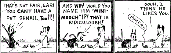 April 12 2025, Daily Comic Strip: In this MUTTS comic, an outraged Mooch says, "That's not fair, Earl - you can't have a pet shnail, too!!! And why would you name him 'Mini-Mooch'!?! That is ridiculoush!" Earl's snail begins to purr and Earl says, "Oooh, I think he likes you." 