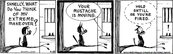 April 18 2024, Daily Comic Strip: In this MUTTS comic, Mooch is standing at Shnelly's window with a caterpillar mustache. He asks her, "Shnelly, what do you think of my extreme makeover?" She replies, "Your mustache is moving." Mooch turns and whispers to the caterpillar, "Hold shtill or you're fired."