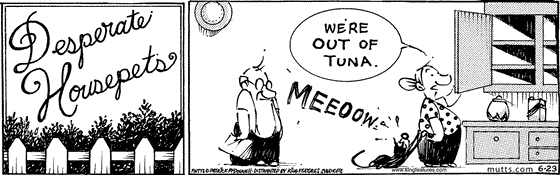 June 23 2025, Daily Comic Strip: In this MUTTS "Desperate Housepets" strip, Mooch gives a pleading "Meeooww," and Millie explains to Frank, "We're out of tuna."