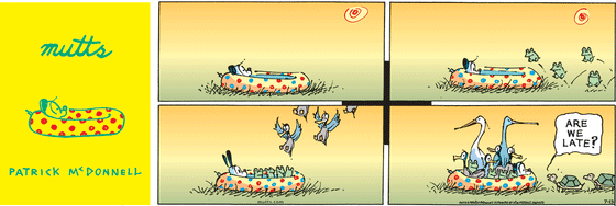 July 13 2025, Sunday Comic Strip: In this colorful MUTTS comic, Earl is lounging in his kiddie pool when a group of frogs hop in, then a flock of birds land in it. Two turtles approach the crowded pool and ask Earl, "Are we late?"