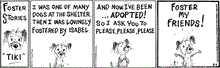  August 4 2025, Daily Comic Strip: In this special Clear the Shelters strip, a scruffy dog named Tiki says, "I was one of many dogs at the shelter, then I was lovingly fostered by Isabel, and now I've been adopted! So I ask you to please, please, please foster my friends!"