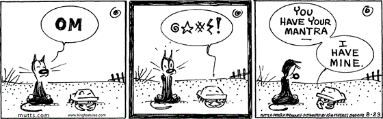 August 23 2025, Daily Comic Strip: In this MUTTS strip, Mooch is meditating next to Crabby with an "Om." Crabby chants, "@*#%!." Mooch looks at him, and Crabby says, "You have your mantra, I have mine."