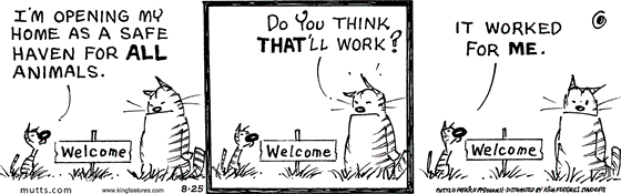 August 25 2025, Daily Comic Strip: In this MUTTS strip, Shtinky tells Noodles, "I'm opening my home as a safe haven for all animals." Noodles asks, "Do you think that'll work?" Shtinky replies, "It worked for me."