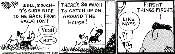 August 28 2025, Daily Comic Strip: In this MUTTS comic, Mooch and Earl are walking to the door when Earl says, "Well, Mooch, it's sure nice to be back from vacation!" Mooch says, "Yesh, but... there's so much to catch up on around the house!" Mooch curls up on the back of the chair and says, "Firsht things firsht." A perplexed Earl says, "Like naps."