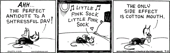 September 11 2025, Daily Comic Strip: In this MUTTS strip, Mooch is laying on the bed holding up his little pink sock when he says, "Ahh... the perfect antidote to a shtressful day!" He sings his little pink sock song while playing with it then with it in his mouth he adds, "The only side effect is cotton mouth."