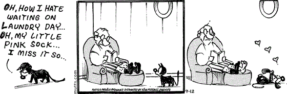 September 12 2025, Daily Comic Strip: In this MUTTS comic, a forlorn Mooch says, "Oh, how I hate waiting on laundry day... Oh, my little pink sock,  miss it so." He passes by Frank who has his sock-clad feet propped on the ottoman. He grabs one of Frank's socks and begins playing with it.
