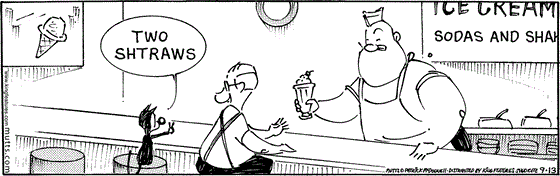September 13 2025, Daily Comic Strip: In this MUTTS strip, Frank and Mooch are at Butchie's deli counter. Butchie hands Frank a milkshake, and Mooch says, "Two shtraws."