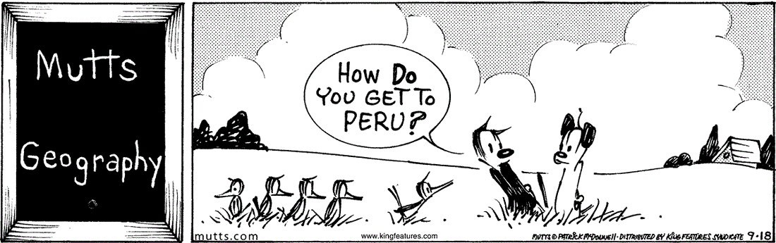  September 18 2024, Daily Comic Strip: In this MUTTS comic, the birds are gathered by Mooch and Earl when Mooch asks, "How do you get to Peru?"