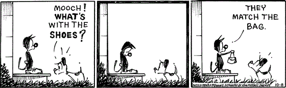 October 8 2025, Daily Comic Strip: In this MUTTS comic, Earl examines Mooch and asks, "Mooch! What's with the shoes?" Mooch looks down then show off his handbag and explains, "They match the bag."