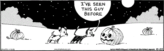 October 25 2025, Daily Comic Strip: In this MUTTS strip, Mooch carefully examines a jack-o-lantern then tells Earl, "I've seen this guy before."
