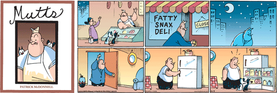 November 9 2025, Sunday Comic Strip: In this Butchie waves farewell to his last customer as Mooch and Earl stare at the deli case. Butchie locks up the shop and walks home. He walks to his refrigerator, opens it, then Mooch and Earl appear by his side, staring at the shelves stocked with food.