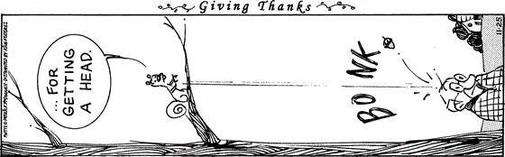 November 25 2025, Daily Comic Strip: In this "Giving Thanks" MUTTS strip, Bip drops an acorn on Franks head, thankful for "getting a head."