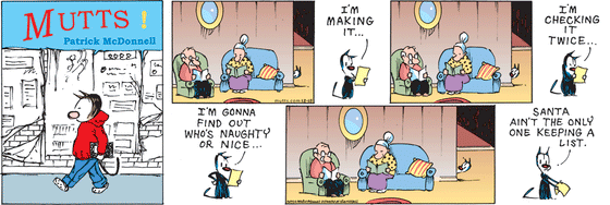 December 15 2024, Sunday Comic Strip: In this colorful MUTTS strip, Mooch watches Frank and Millie from around the corner. He writes on a piece of paper saying, "I'm making it... I'm checking it twice... I'm gonna find out who's naughty or nice... Santa ain't the only one keeping a list."
