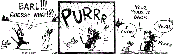 December 20 2024, Daily Comic Strip: In this MUTTS strip, Mooch excitedly shouts, "Earl!!! Guessh what!?!" He hugs him and lets out a deep purr. Earl says, "Your purr is back." Mooch says, "Yesh."