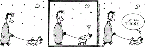 December 27 2024, Daily Comic Strip: In this MUTTS strip, Ozzie is taking Earl on his evening walk. Earl looks back at Ozzie, wags his tail, and says, "Still there."