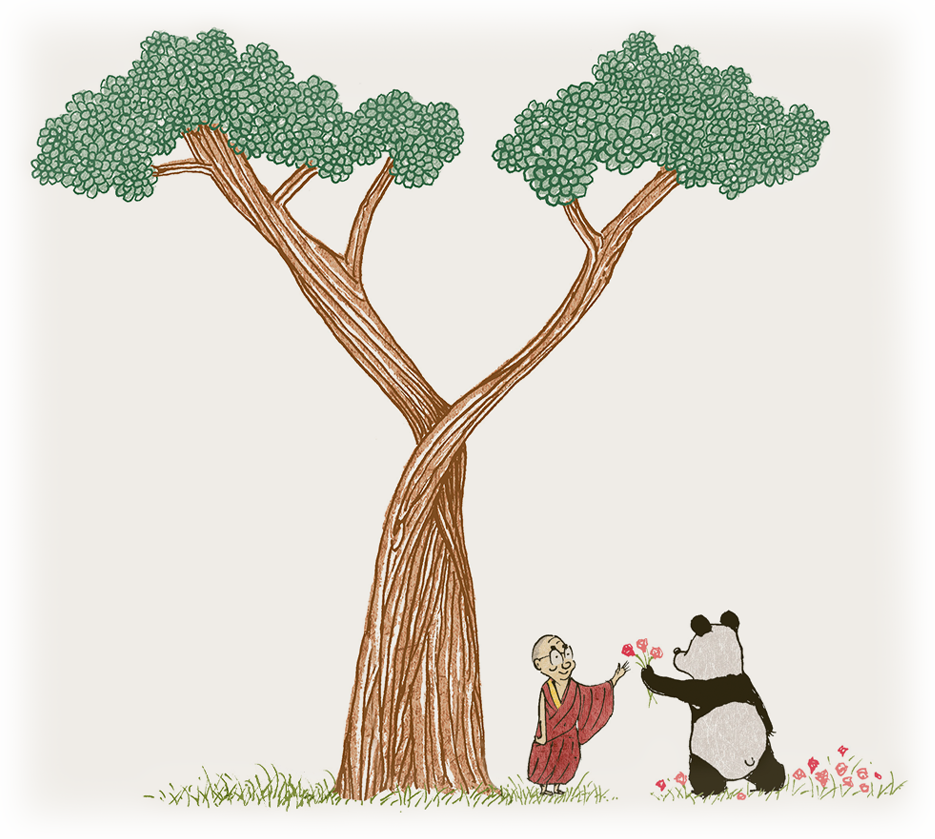 Illustration of His Holiness the Dalai Lama with a large tree and a Panda giving him flowers