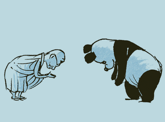 His Holiness the Dalai Lama and a Panda saluting themselves