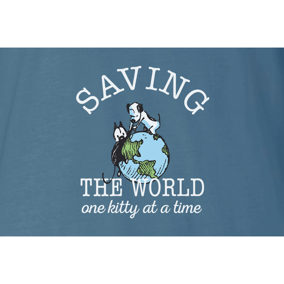 This sweet short sleeve tee features an image of Earl standing atop the Earth, pulling Mooch up with him and includes the phrase, "Saving the world one kitty at a time." 
