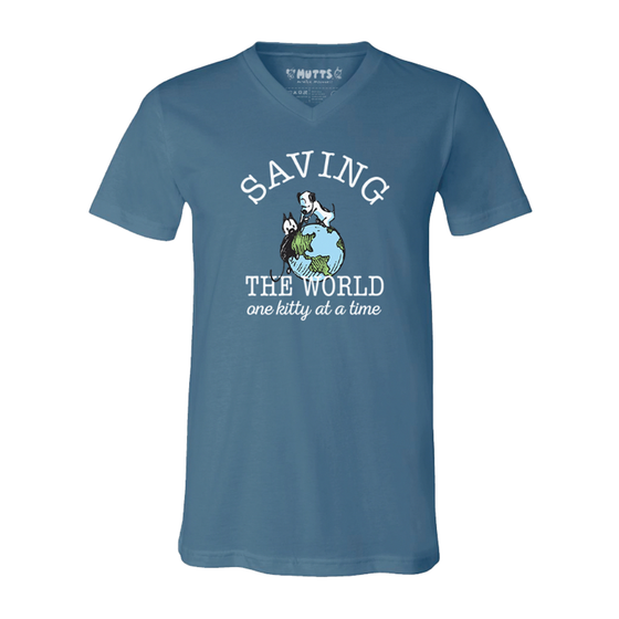 This sweet short sleeve tee features an image of Earl standing atop the Earth, pulling Mooch up with him and includes the phrase, "Saving the world one kitty at a time." 