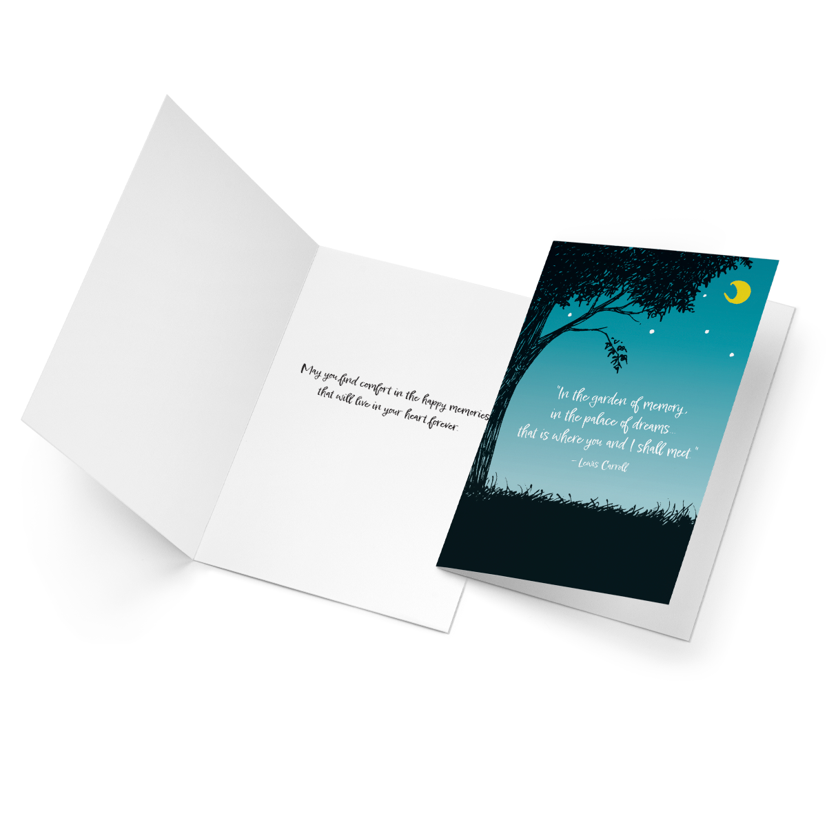 This lovely sympathy card features an image of a tree in the moonlight and includes the Lewis Carroll quote, 