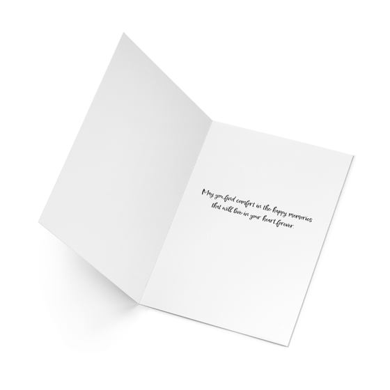 This lovely sympathy card features an image of a tree in the moonlight and includes the Lewis Carroll quote, "In the garden of memory, in the palace of dreams ... that is where you and I shall meet."  Inside, the card reads, "May you find comfort in the happy memories that will live in your heart forever." 