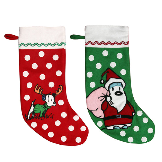 This set features one red Earl stocking, where our favorite canine is dressed in his best holiday sweater and reindeer antlers, and one green Mooch stocking where he's dressed as none other than Shanta himself. 