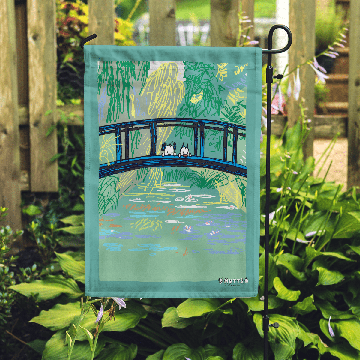 'MUTTS Over Water Lilies' Garden Flag - MUTTS