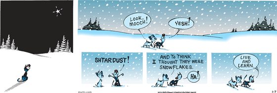 January 7 2024, Sunday Comic Strip: In this colorful MUTTS comic, Earl and Mooch are out looking at the stars and walking through the falling snow. Only, Mooch knows it's not snow that's falling, it's "Shtardust!" Earl replies, "And to think I thought they were snowflakes." Mooch laughs. "Live and learn."