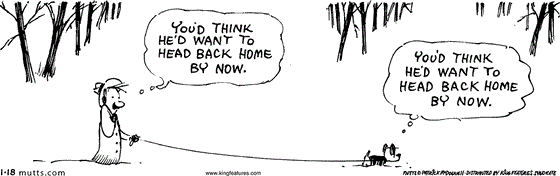 January 18 2024, Daily Comic Strip: In this MUTTS comic, Ozzie and Earl are walking through the snow, both thinking to themselves, "You'd think he'd want to head back home by now."
