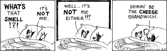 February 7 2024, Daily Comic Strip: In this MUTTS strip, Earl and Mooch are in bed under the covers when Earl asks, "What's that smell!?!" Mooch says, "It's not me." to which Earl replies, "Well ... it's not me either!!!" Mooch pulls out a sandwich and says, "Shmay be the cheese shandwich." 