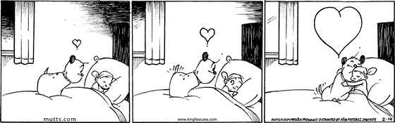 February 14 2024, Daily Comic Strip: In this special MUTTS comic, Sparky, formerly known as Guard Dog, watches at Doozy lovingly while she's sleeping. When she awakes, he wags his tail, then she throws her arms around him in a big hug.