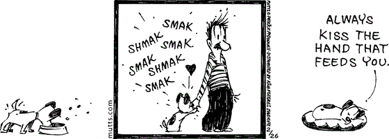 February 26 2024, Daily Comic Strip: In this MUTTS comic, Earl eats his food then kisses Ozzie on the hand. He explains, "Always kiss the hand that feeds you."