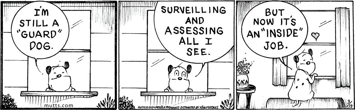 March 15 2024, Daily Comic Strip: In this MUTTS strip, Sparky looks out the window and says, 