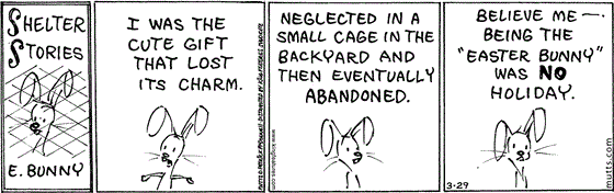 March 29 2024, Daily Comic Strip: In this Shelter Stories strip, a rabbit named E. Bunny says, "I was the cute gift that lost its charm. Neglected in a small cage in the backyard and then eventually abandoned. Believe me — being the 'Easter Bunny' was no holiday."
