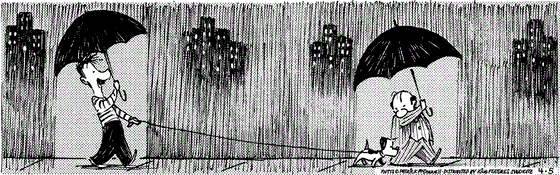 April 5 2024, Daily Comic Strip: In this MUTTS strip, Ozzie walks under an umbrella while Earl walks ahead on his leash, under another man's umbrella.