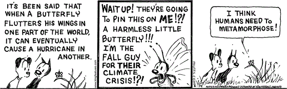 In this MUTTS comic, as Mooch and Earl admire a butterfly in the grass, Earl notes, "It's been said that when a butterfly flutters his wings in one part of the world, it can eventually cause a hurricane in another."  Aggrieved, the butterfly responds, "Wait up! They're going to pin this on me!?! A harmless little butterfly!!! I'm the fall guy for their climate crisis!?!" He continues as Mooch and Earl look on curiously, "I think humans need to metamorphose!"