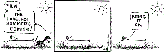 June 19 2023, Daily Comic Strip: In this MUTTS strip, a sweaty Mooch tells Earl, "Phew, the long, hot summer's coming!" From his kiddie pool, Earl says, "Bring it on." 