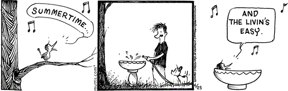June 23 2023, Daily Comic Strip: In this MUTTS strip, Phillipe sings to himself, "Summertime ... and the livin's easy." as Ozzie refills the bird bath for him. 